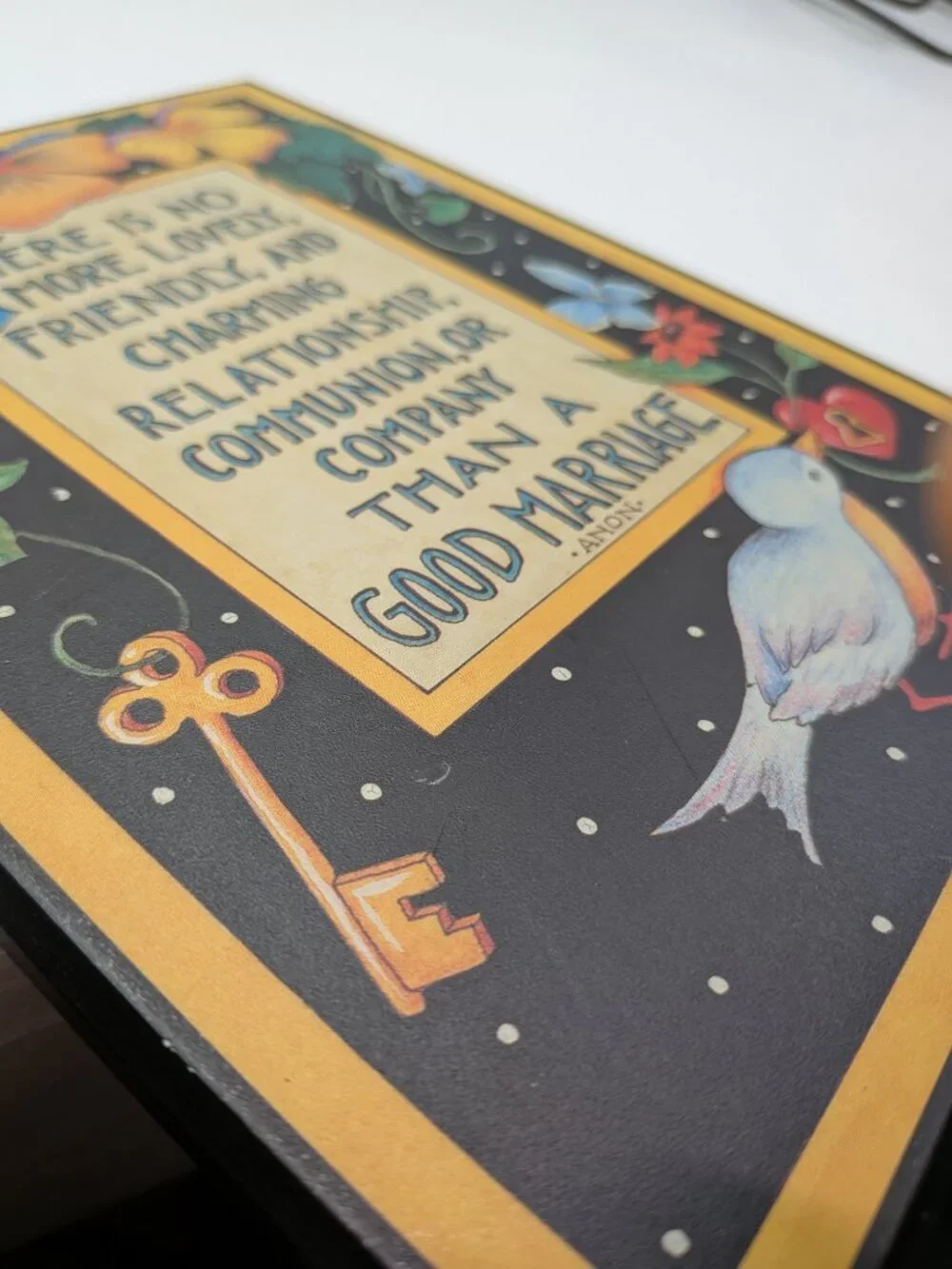 VTG Mary Engelbreit Colorplak Wood Wall Plaque A Good Marriage Quote w easel
